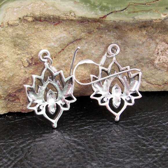 Solid 925 Sterling Silver Lotus Flower Egyptian Bean Drop Dangle Hook Earrings - Picture 3 of 9
